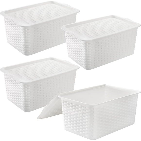 shiyou-4 Pack Small Plastic Lidded Storage Bins, Closet Organizers and Storage, Stackable Bathroom Storage Baskets with Lids, Small White Plastic Pantry Organizer with Handle for Kitchen, RV, Lockers