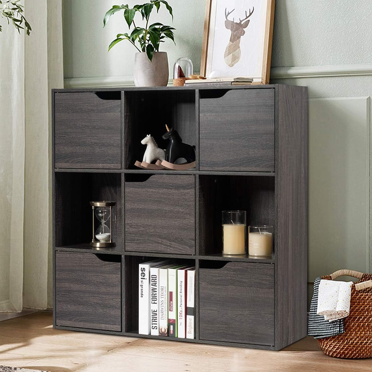 Favory 9-Cube Storage Organizer, Storage Cabinet with 4 Open Cubes and 5 Cabinets, Freestanding Wooden Cubby Bookcase, Compartment Units for Home Office, 3-Tier Bookshelf for Books,Grey