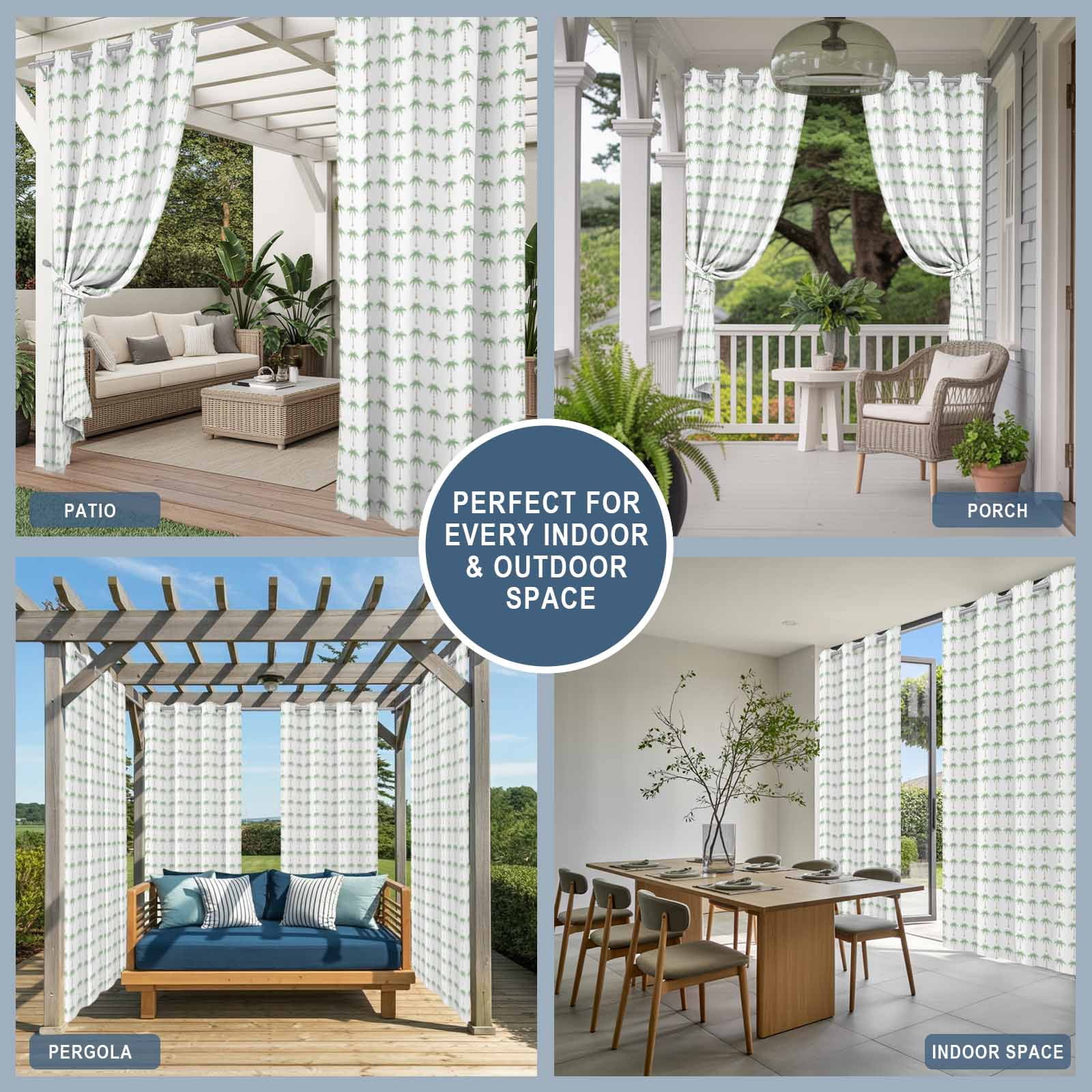 Palm Trees Outdoor Curtains for Patio, Summer Vintage Nautical Coastal Beach Ocean Green Tree Sunshade Privacy Drapes Grommet Waterproof Outside Curtains for Porch/Cabana/Balcony 54"x 108", 1 Panel