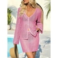 thumbnail image 2 of Womens Crochet 2 Piece Cover Up V Neck Bell Sleeve Button Cardigan Sheer Mesh Beach Mini Skirt Coverup Set, 2 of 5