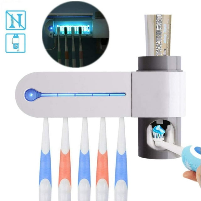 Toothbrush Holder, Toothpaste Dispenser with 5 Toothbrush Holder Wall Mounted with Sticker for Women Kids Baby Bathroom