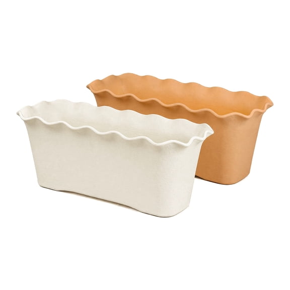JKXTDKS Rectangular Planter Large Plastic Wavy Ruffled Edge Flower Box with Drainage for Indoor Outdoor Garden Patio Home Decor Brown & White 2 Pack
