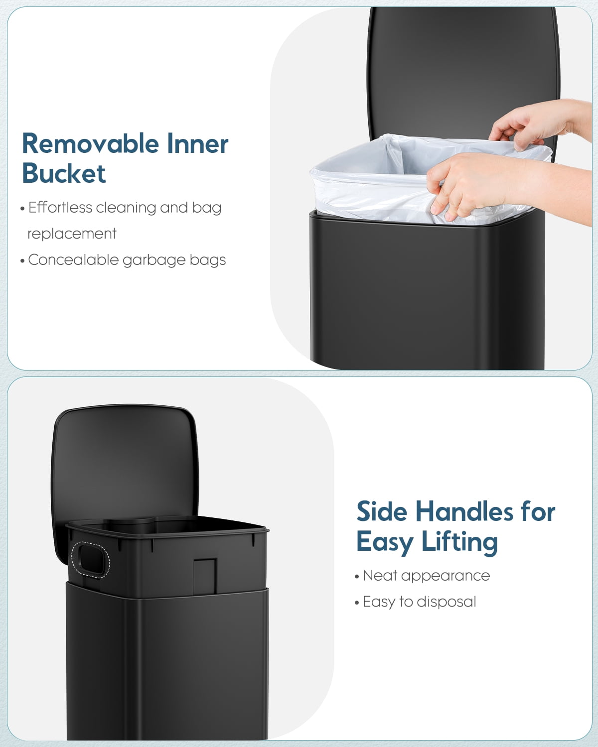 TLSUNNY 8 Gal Slim Square Trash Can, Stainless Steel Step Garbage Bin, Soft-Close Lid & Removable Inner Bucket for Kitchen, Office, Home