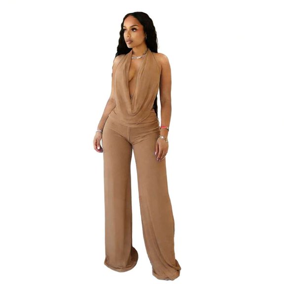 Light Brown Halter Cowl Neck Jumpsuit With Wide-Leg Pants
