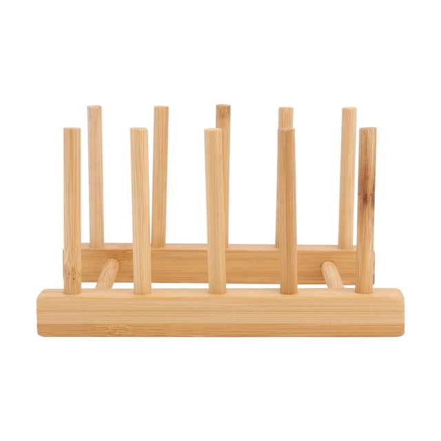 Escurridor de platos de madera de bambú, soporte para platos, soporte para tapa de olla, organizador de tapa