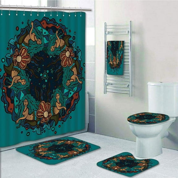 PRTAU Teal Red 5 Piece Bathroom Set Shower Curtain Bath Towel Bath Rug Contour Mat and Toilet Lid Cover