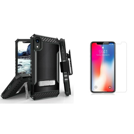 Tempered Carbon (Beyond Cell Military Grade Shock Proof Kickstand Belt Holster Clip Case (Dark Carbon Fiber) with Bubble-Free Tempered Glass Screen Protector and Atom Cloth for Apple iPhone)