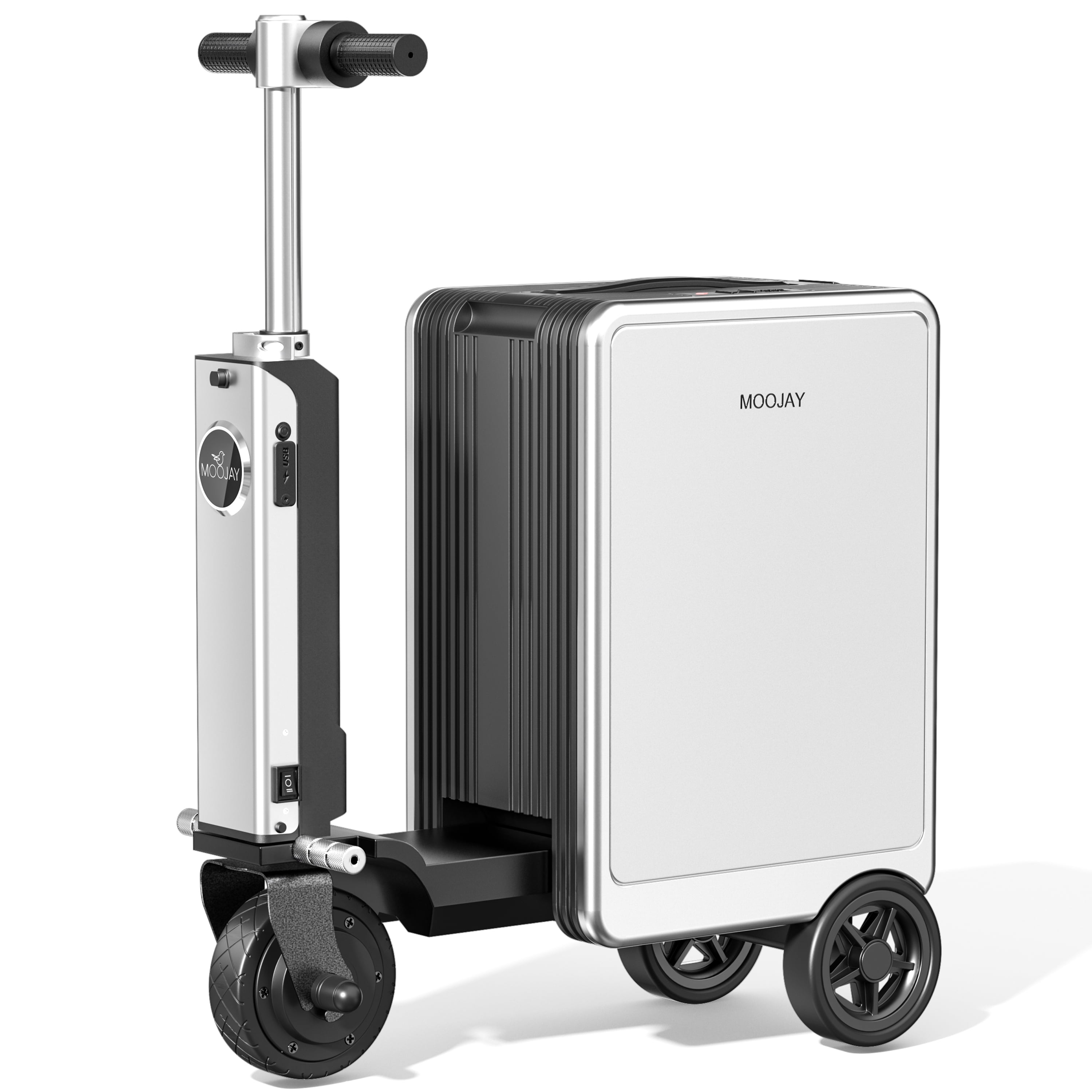 Electric Rideable Suitcase Scooter, MOOJAY 20 Inch Smart Ride-on Luggage for Adults, 25L Airline Approved Carry-on with TSA Lock&USB Charging, Lightweight Travel Scooter with Detachable Battery-Silver