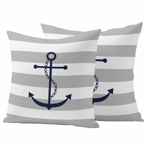 2 Pack Outdoor Waterproof Throw Pillow Covers,Nautical Blue Anchor White Grey Stripe Decorative Square Patio Pillowcases for Chair Couch Sofa 16x16in