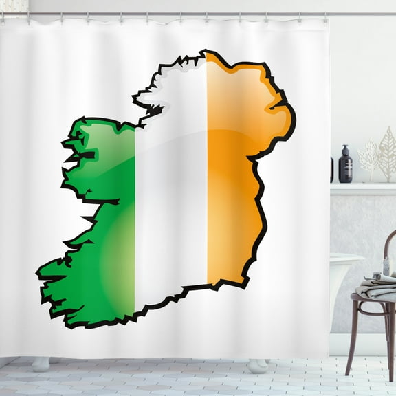 Ambesonne Ireland Map Shower Curtain, Cartoon Style Irish Map, 69"Wx75"L, Orange Green and White