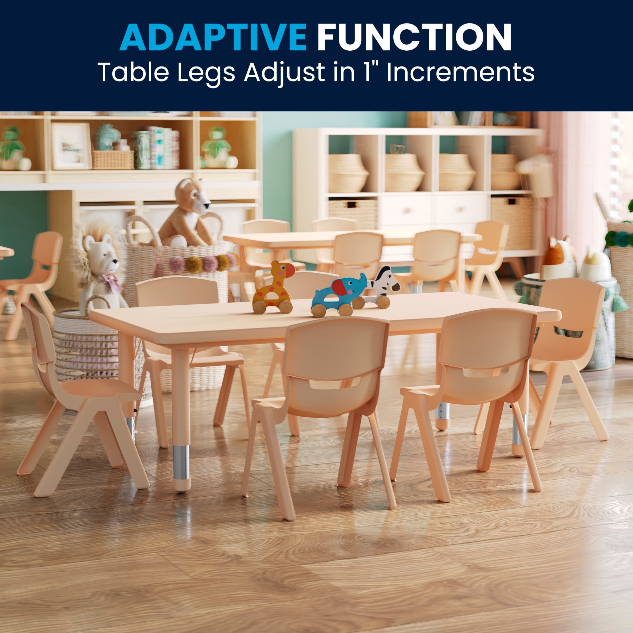 Flash Furniture Emmy 24"W x 48"L Rectangular Natural Plastic Height Adjustable Activity Table Set with 6 Chairs