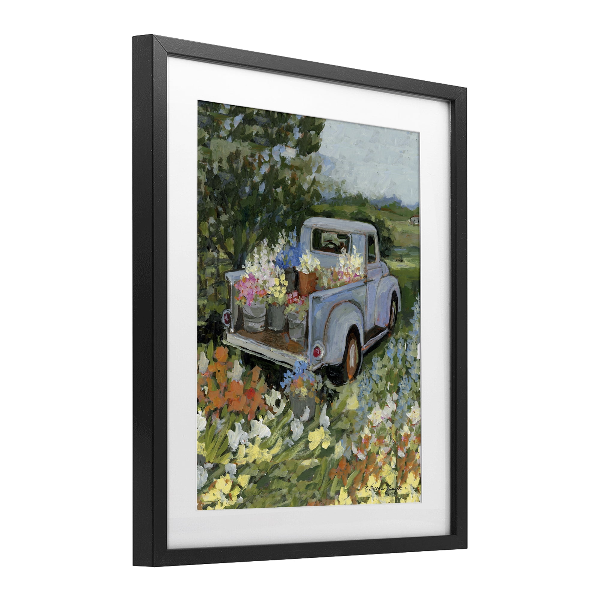 Stupell Industries Truckin' Field with Flowers Black Framed Print Under Glass, design by Susan Winget