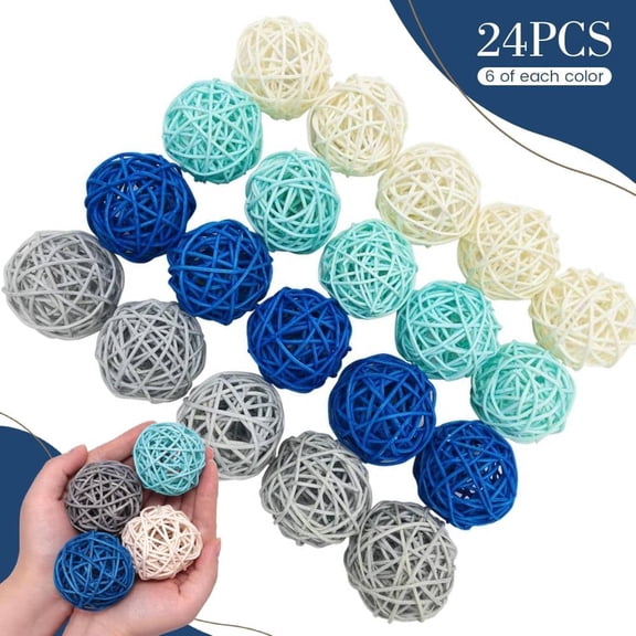 24PCS Blue Decorative Balls for Bowl Centerpiece, 2 Inch Rattan Balls Bowl Fillers Decor - Wicker Twig Orbs Spheres, Wedding Home Vase Table Decor