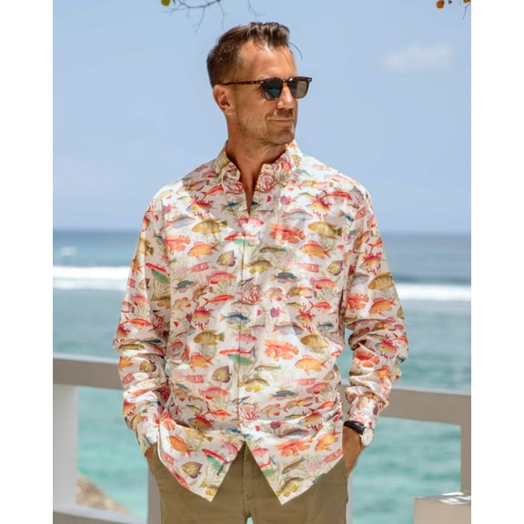 YIUME Men's Hawaiian Shirt Sea Ocean Fish Print Cotton Button-down Long Sleeve Aloha Shirt