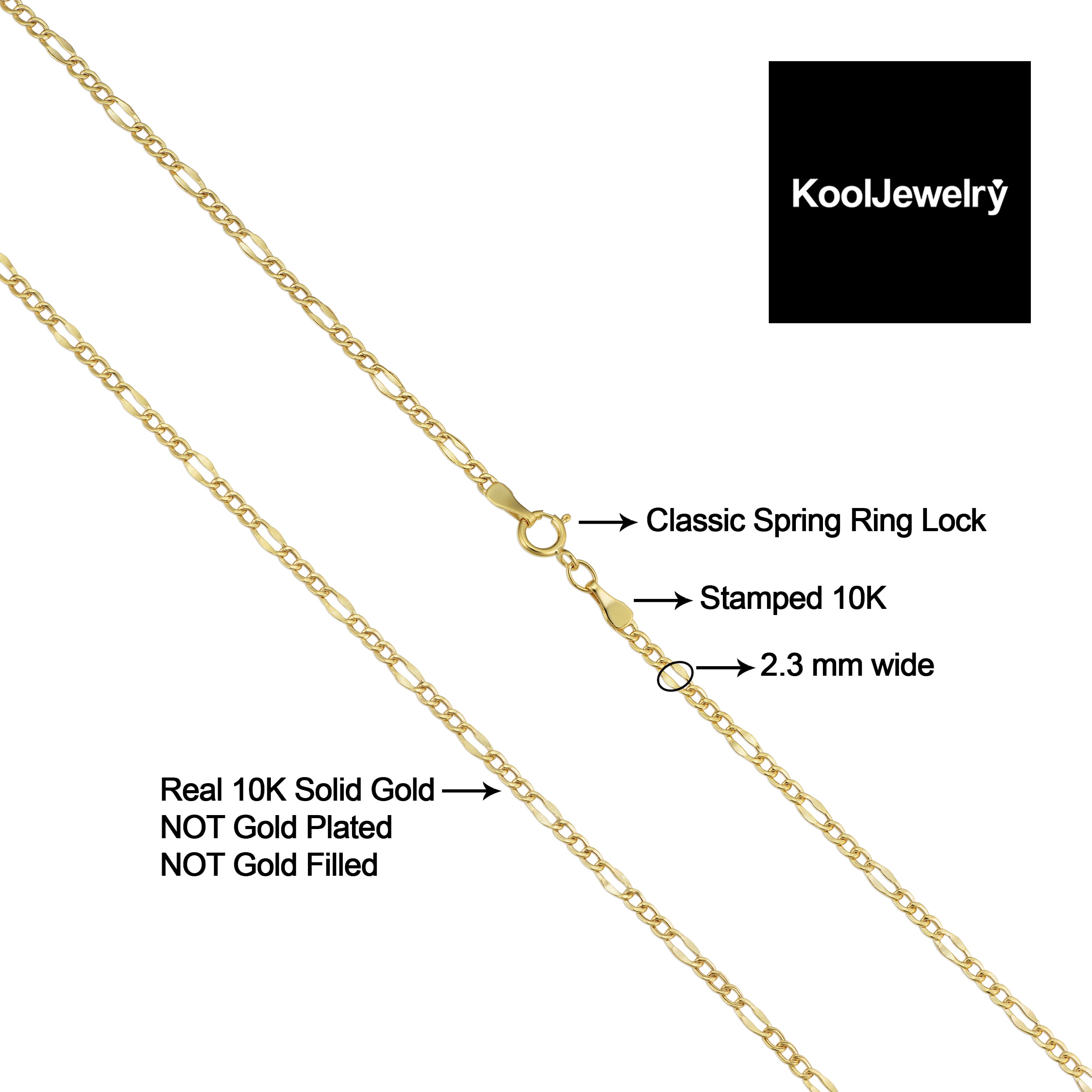 KoolJewelry Figaro Link 10K Yellow Gold Anklet, 0.8G, 9 in, 2.3 mm