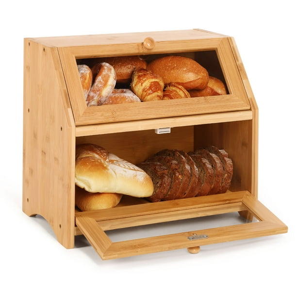 Bamboo 2 Tier Bread Box Kitchen Food Storage Bin Display Countertop
