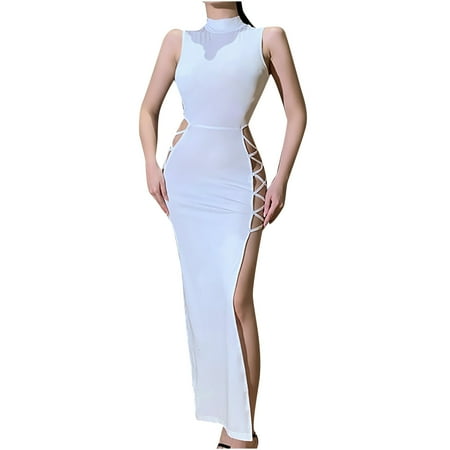

Pink Dress Valentines Dress for Women Womens High-Neck Pure Color Sexy Slim High-Slit Lace-Up Vest Dress Wedding Guest Dresses for Women Summer Dresses Long Sleeve Dress Clearance 2023 White S
