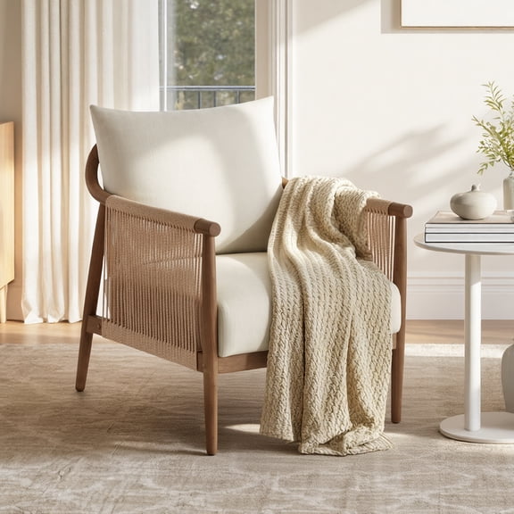 CHITA Modern Upholstered Accent Chair, Braid Armchair for Living Room & Bedroom, Cream Fabric