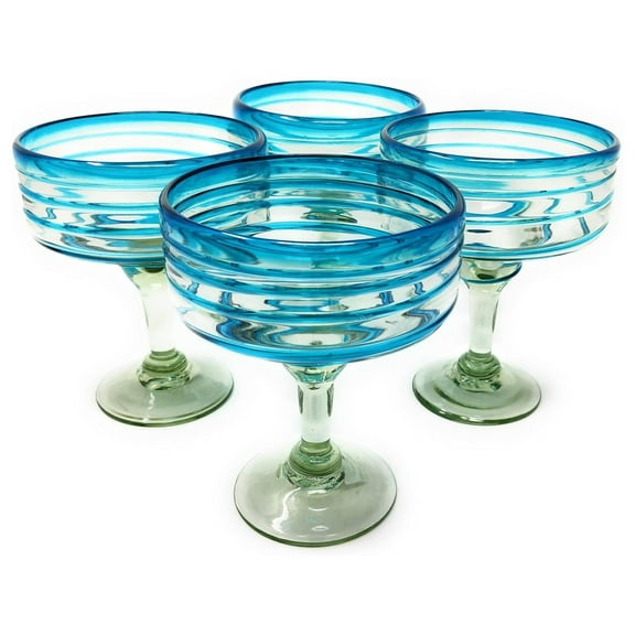 Mexican Hand Blown Glass – Set of 4 Hand Blown Margarita Glasses (16 oz) with Aqua Spiral Design