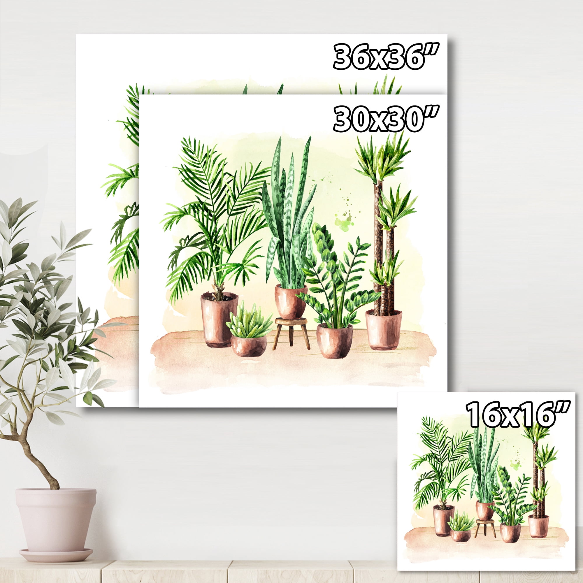 Indoor Green Home House Plants in Pots I 16 in x 16 in Painting Canvas Art Print, by Designart