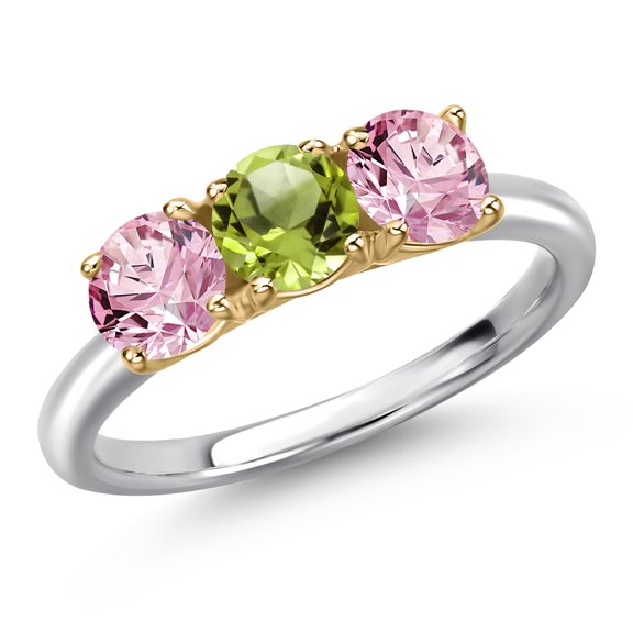 Gem Stone King 10K Two Tone Gold Green Peridot and Pink Lab Grown Diamond Engagement Ring for Women | 1.55 Cttw | Round 5MM | Gemstone August Birthstone | Size 7