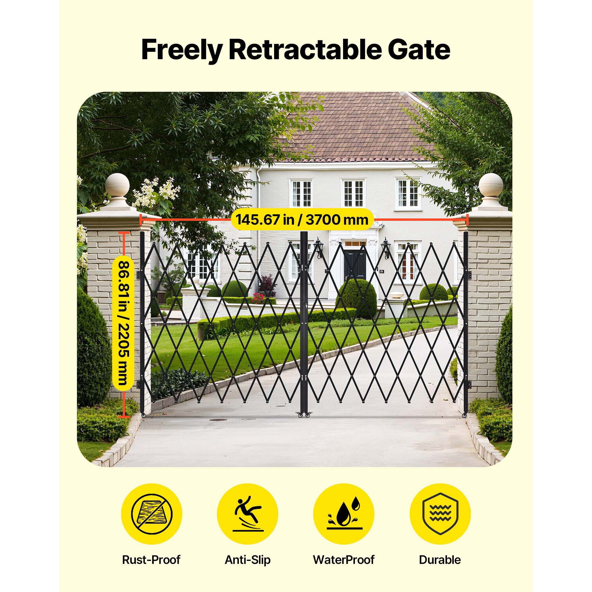KFFKFF Double Folding Security Gate, Lockable Scissor Gate with Swivel Casters, Steel Retractable Barrier for Entry, Garage, Warehouse, and Pool, 145.67 x 86.81 in (W x H)