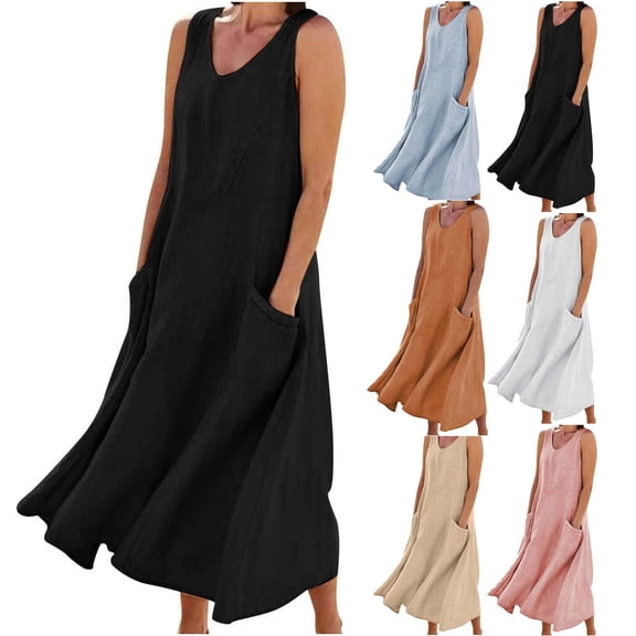 YuXingFu Wedding Dress Mid-Length V-Neck Plus Size Womens Dress Sleeveless with Buttons and Pocket Casual Summer Black S
