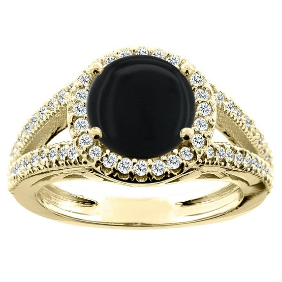10K Yellow Gold Natural Black Onyx Ring Round 8mm Diamond Accent, size 10