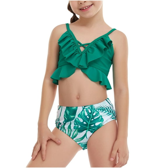 Ausyst Toddler Girl Clothes Girls Casual Cute Print Double Ruffle Split Swimsuit Beach Two-Piece Set Outfits Clearance