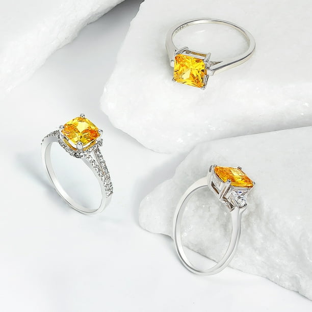 Bridal Wedding Unique 3CT CZ Canary Yellow Square AAA Cubic Zirconia  Solitaire Brilliant Princess Cut Trillion Side Stones Engagement Ring .925  Sterling Silver for Women - Walmart.com