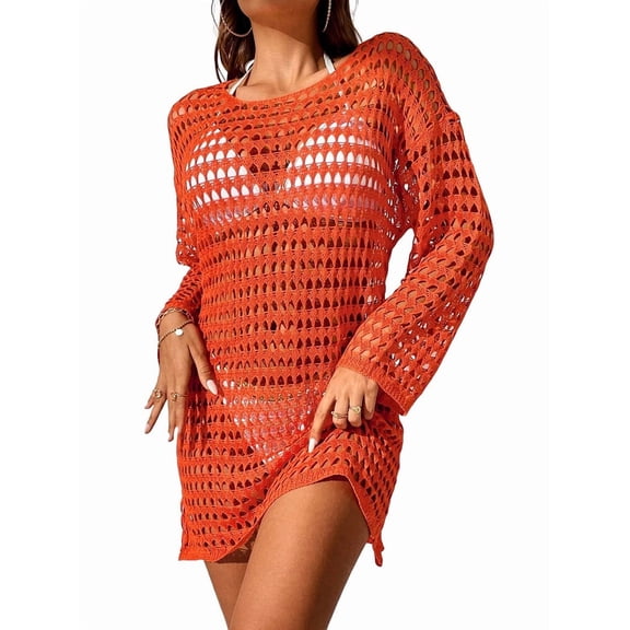 Womens Oversized Crochet Hollow Out Summer 2025 Boat Neck Beach Bathing Suit Cover Up Dress Orange size