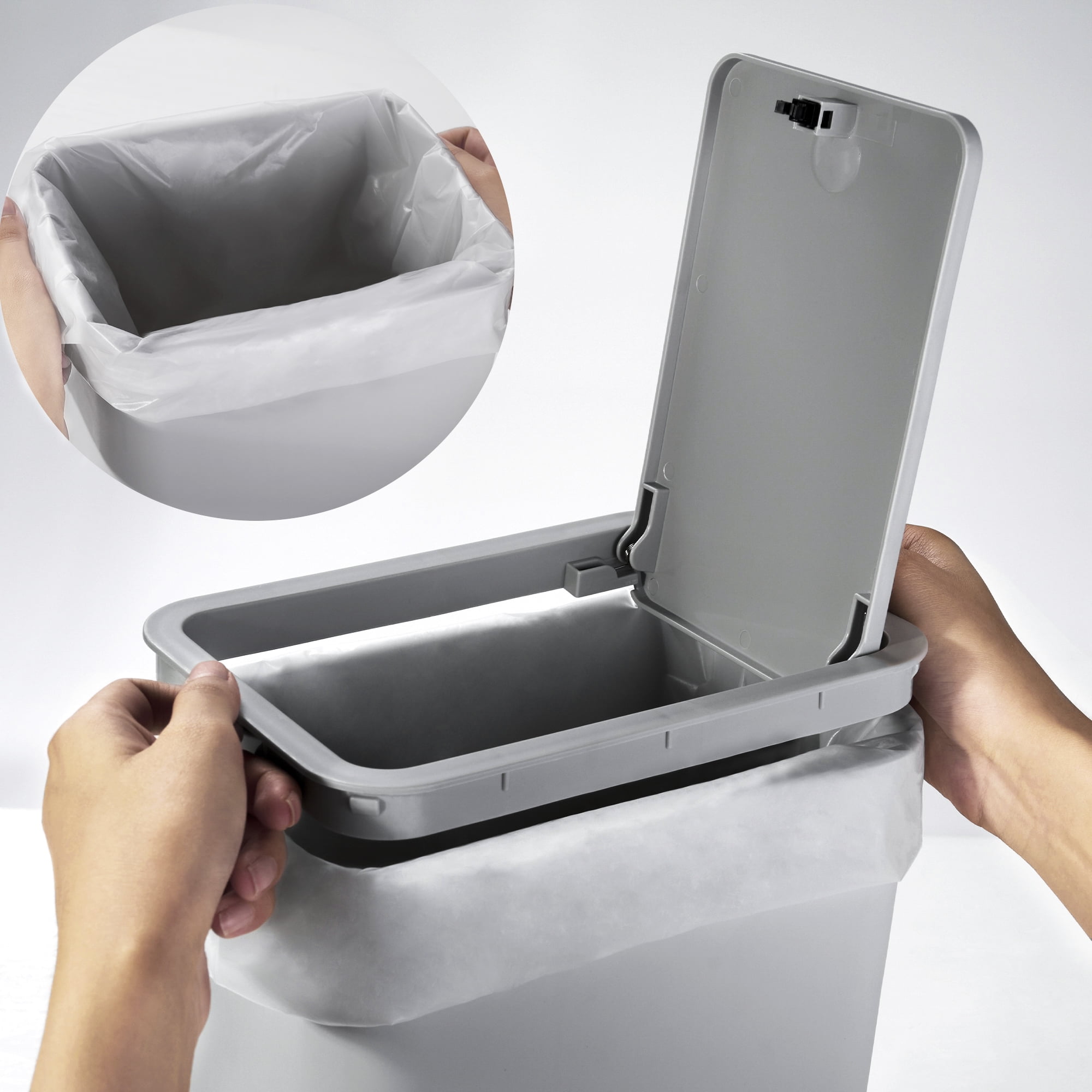 2 Pack Plastic Trash Can with Press Top Lid, 2.6 gal Modern Garbage Can, Small Wastebasket for Bathroom, Gray