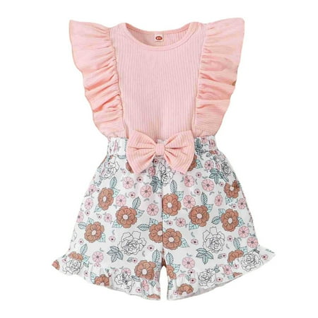 

Baby Bundle Set Baby Wrap And Headband Set Toddler Summer Girl s Flying Sleeve Ruffle Vest Top Floral Print Shorts 2PCS Outfits