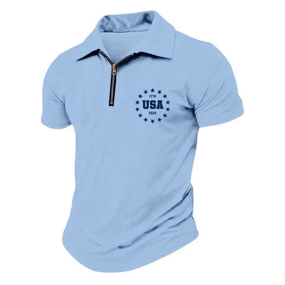 Kixjoy 250 Anniversary Usa Shirt Short Sleeve Lounge Collared Polo Shirts Quarter Zip American Flag Print Tshirt Lightweight Soft Patriotic Shirts, Light Blue M