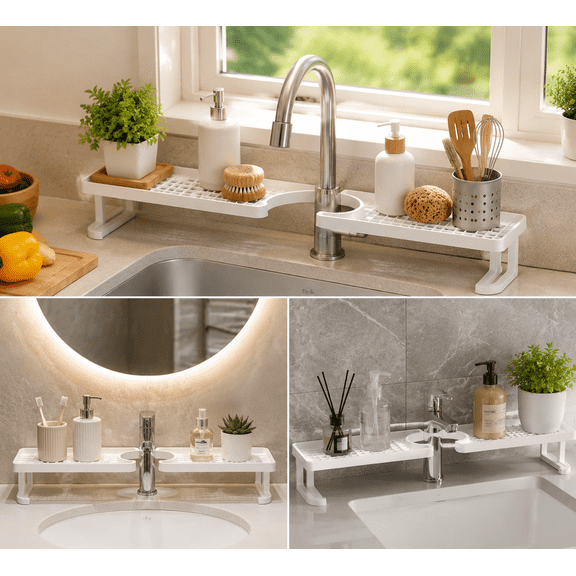Over-The-Sink Shelf Organizer with Durable White Frame, Easy Installation No Drilling Required, Multi-Purpose Storage for Bathroom Kitchen,42cm