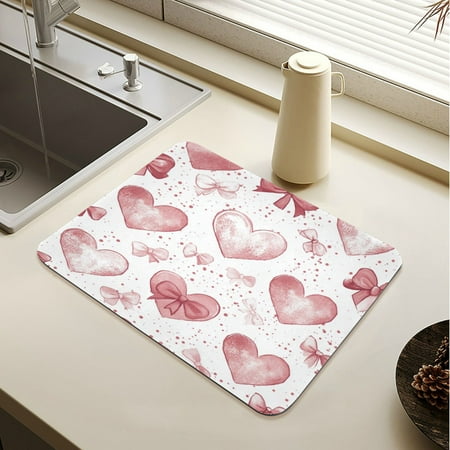 

Wobogo A Pattern Of Hearts with Bows Dish Drying Mats Diatomaceous Earth Super Absorbent Non-slip Rubber Sole 15.7×11.8in