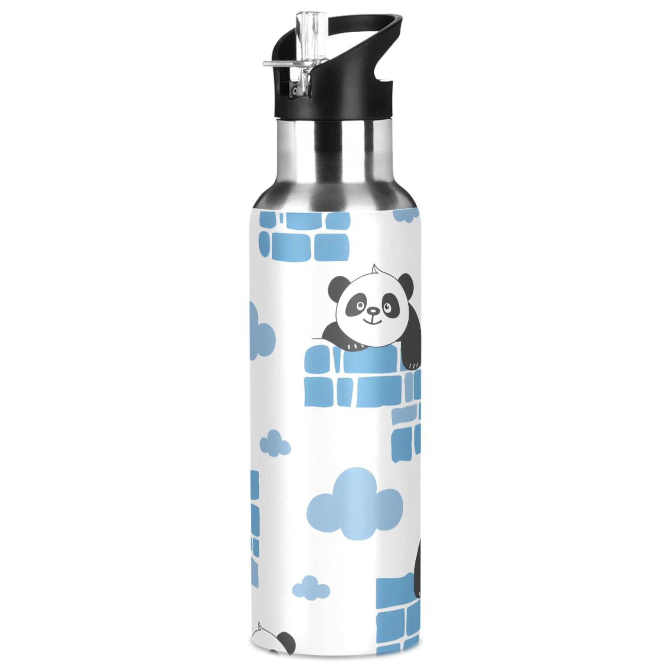 Pandas in Walls Clouds Sports Water Bottle with Straw Lid Insulated Stainless Steel Leak Proof BPA Free Thermal Mug with Handle for Gym Yoga Cycling Camping