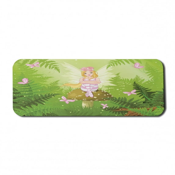 Cartoon Computer Mouse Pad, Magic Fairy Girl with Floral Hairstyle in Green Forest Pink Butterflies, Rectangle Non-Slip Rubber Mousepad Large, 31" x 12", Green Pale Pink Brown, by Ambesonne