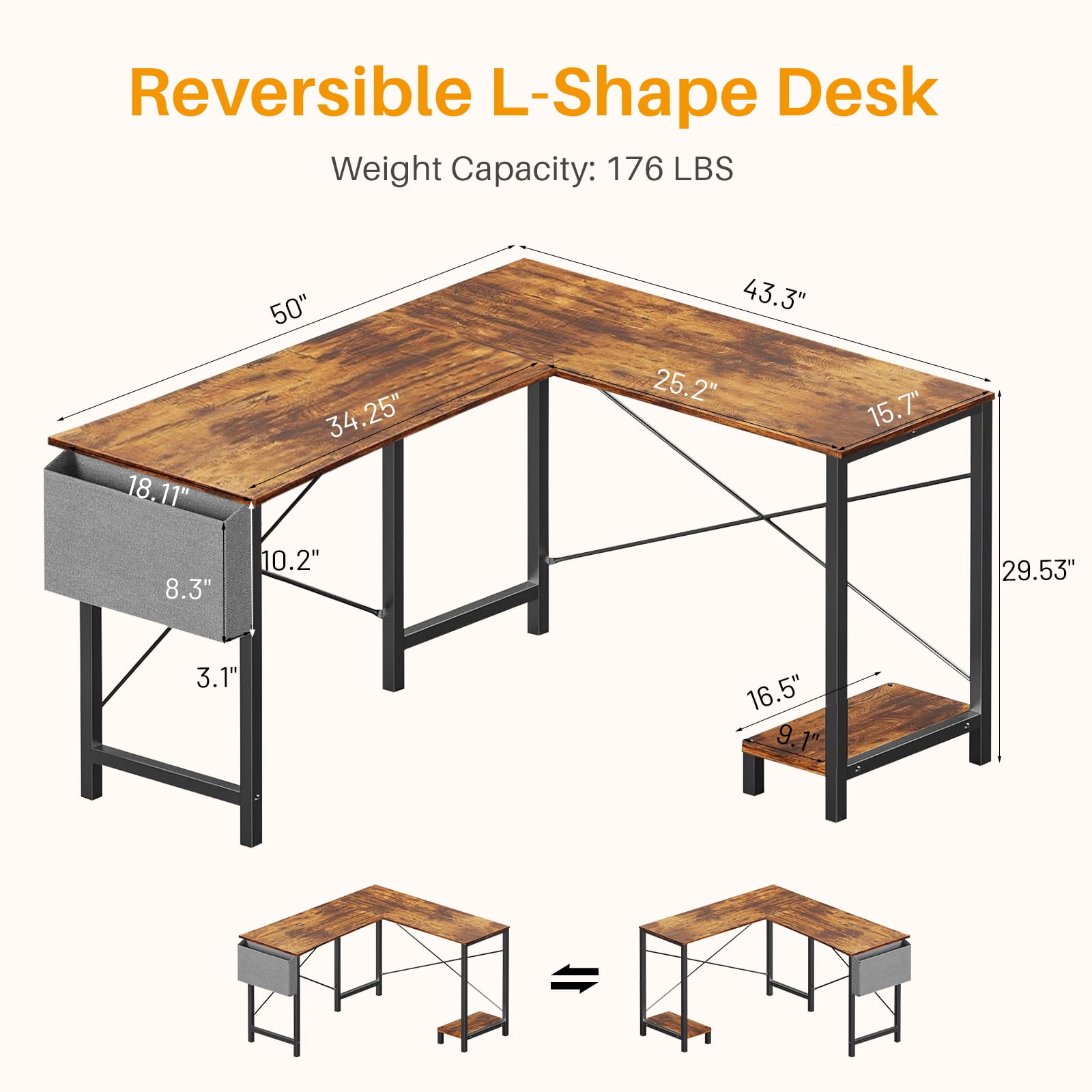 L Shaped Gaming Desk, 50 Inch Reversible Corner PC Work Table for Writing Study, Wood Tabletop and Metal Frame, CPU Stand Side Bag for Home Office Small Space, Brown