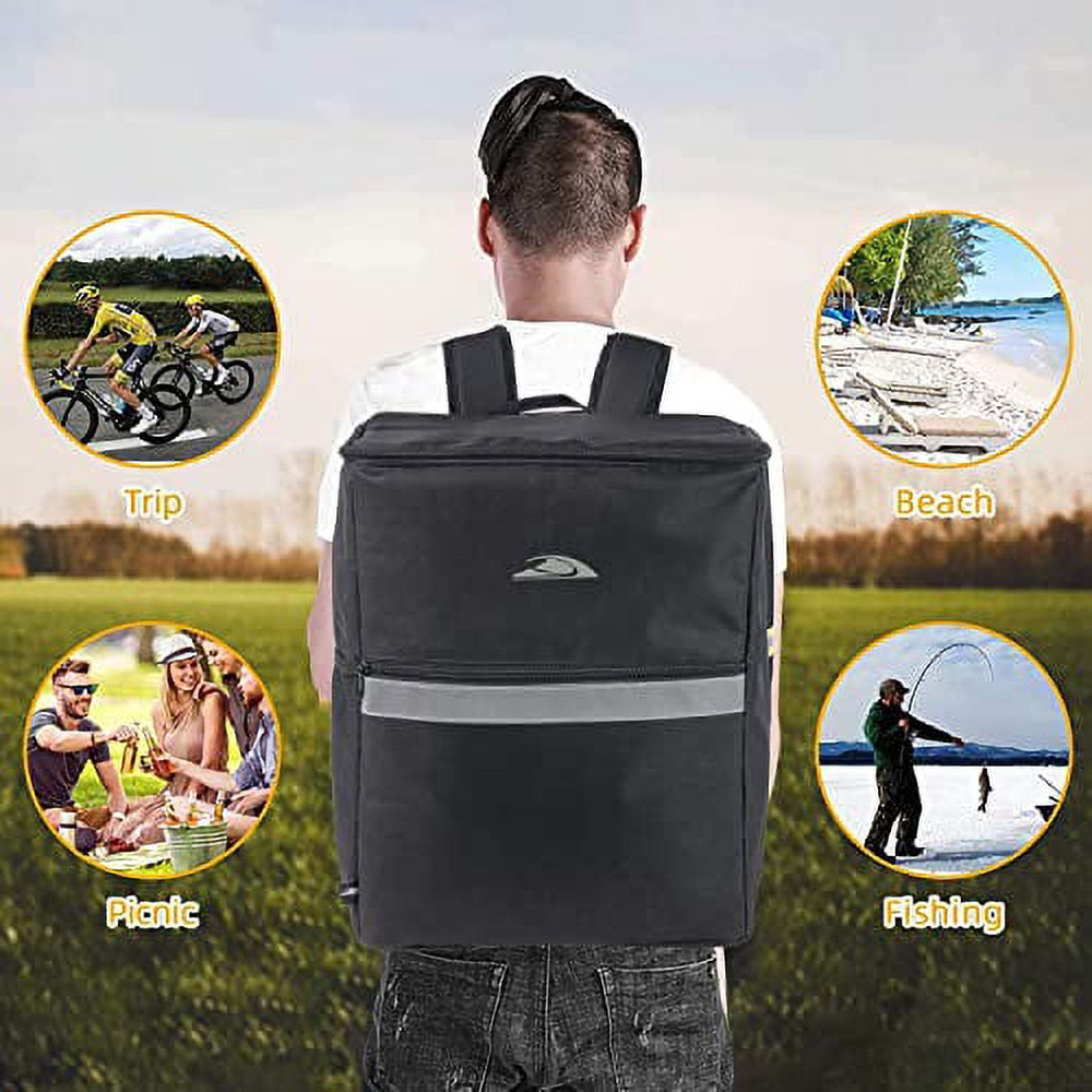 Insulated Food Delivery 3 Pocket Backpack with Drink Cup Holders and Reflector for Deliveries, Groceries, DoorDash, Uber Eats and GrubHub (Black with Silver Reflector)