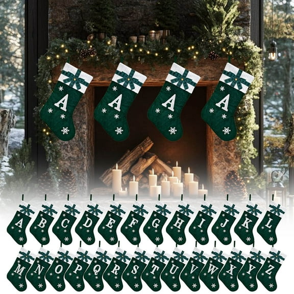 Leodye 1pcs Christmas Stockings with Initials, 17X36in Small Embroidered Letter Knit Green Christmas Stocking for Family Holiday Decorations and Xmas Tree