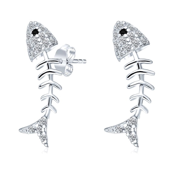 Bling Jewelry Womens Nautical Beach Vacation CZ Stud Earrings Fishbone Design in Sterling Silver