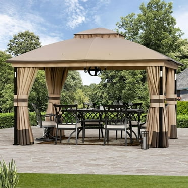 FONA Patio Gazebo 11'x13' with LED Lights & Bluetooth Speaker, Heavy Duty Outdoor Canopy Shelter with Metal Frame, Double Roofs, Soft-top Gazebo with Netting and Curtains for Backyard