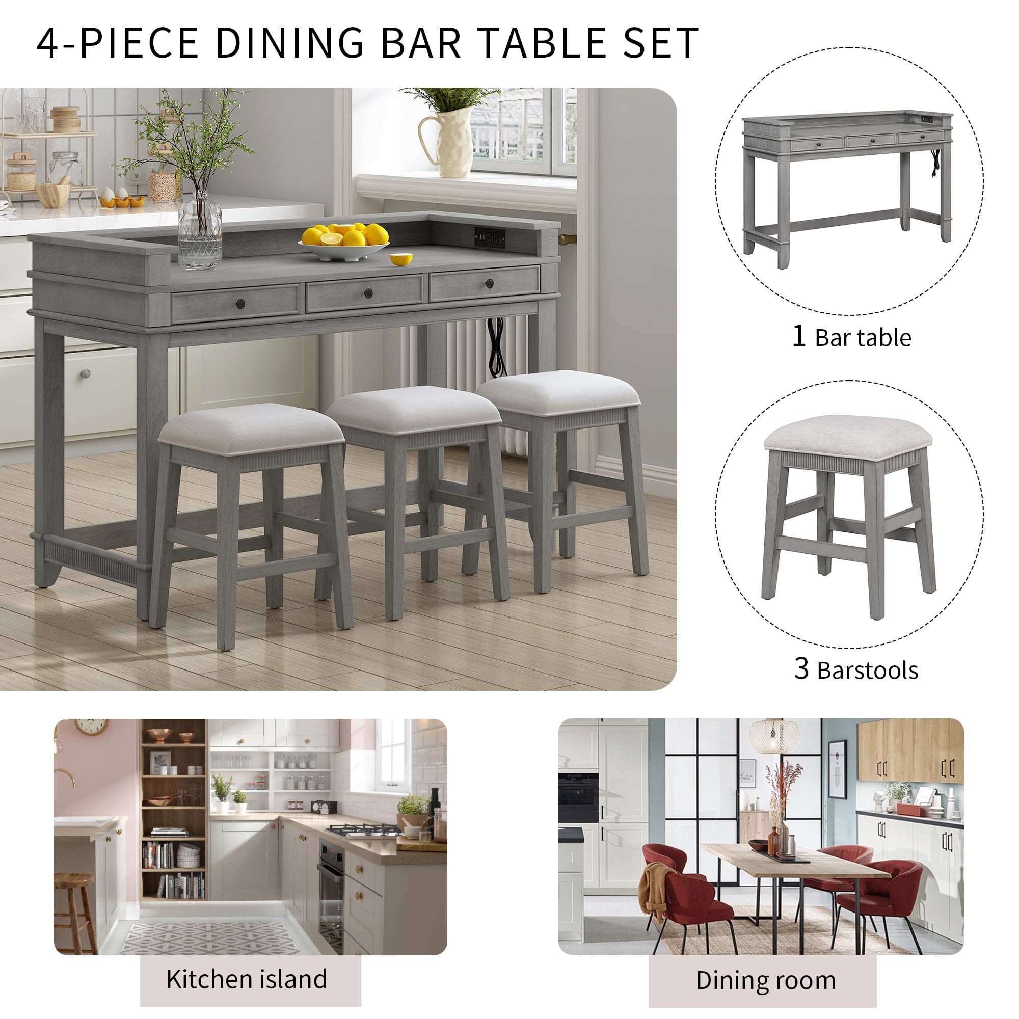Euroco 4-Piece Kitchen Bar Table and Chairs Set for 3,Retro Dining Room Set with Power Outlet,3 Drawers & 3 Stools for Small Spaces,Light Grey