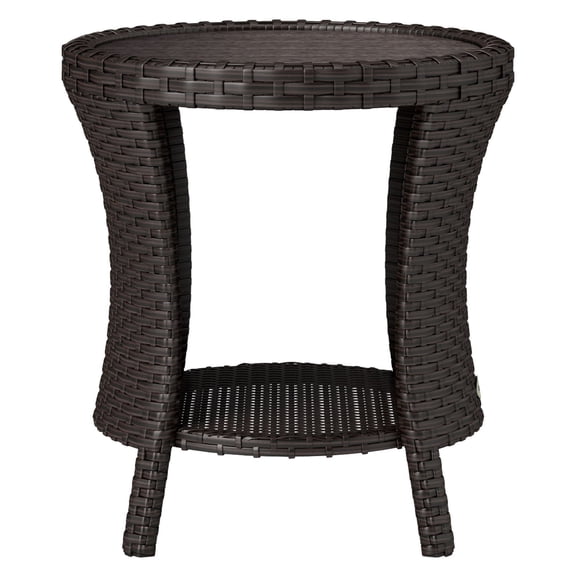 18" Wicker Outdoor Coffee Table, PE Rattan Patio Side Table with Storage, Wood-Plastic Composite Top, Mixed Brown