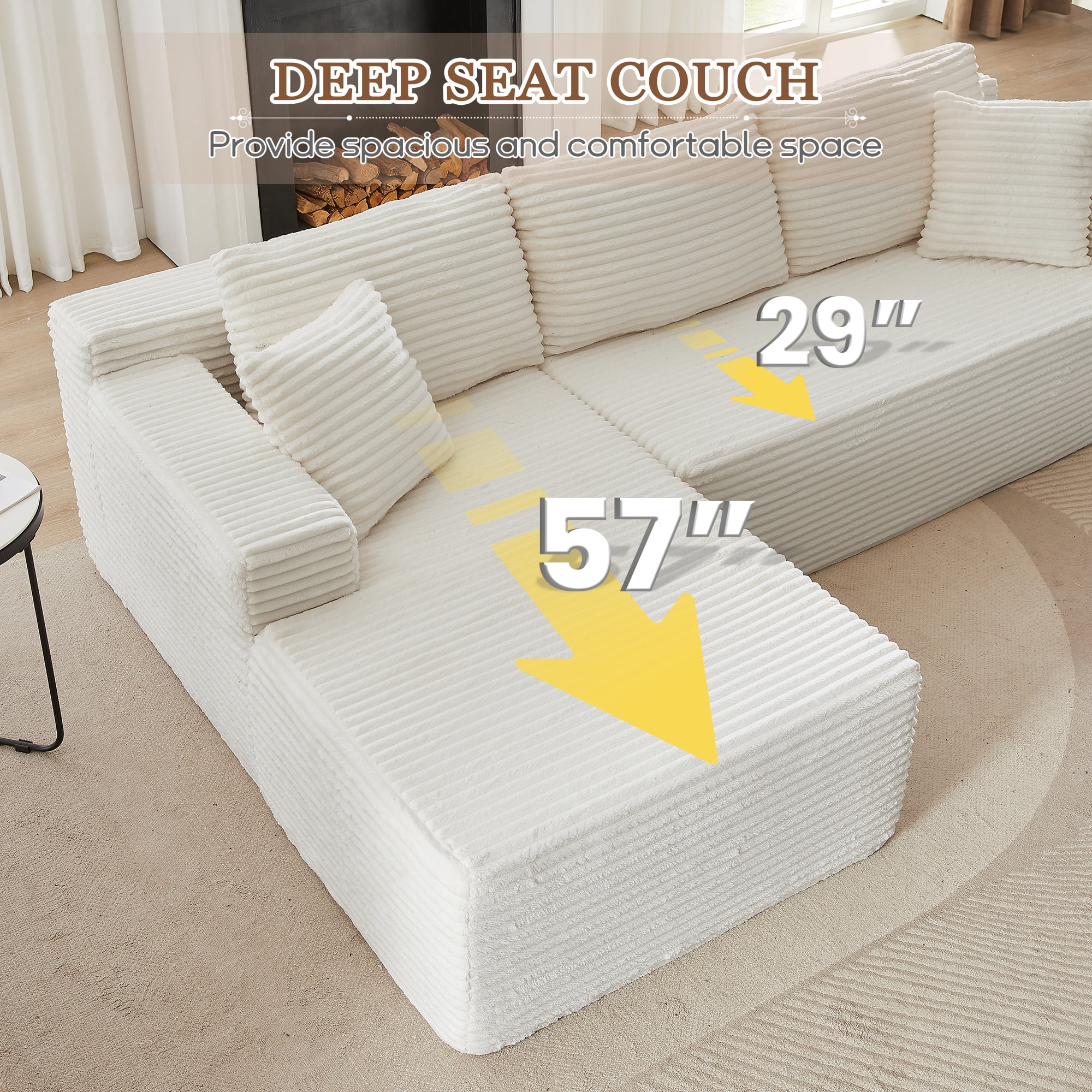 Muumblus Modular Sectional Sofa, Oversized L-Shape Cloud Couch, Modern Corduroy Sleeper Couches for Living Room, No Assembly Required, Beige White (Left Facing Chaise)