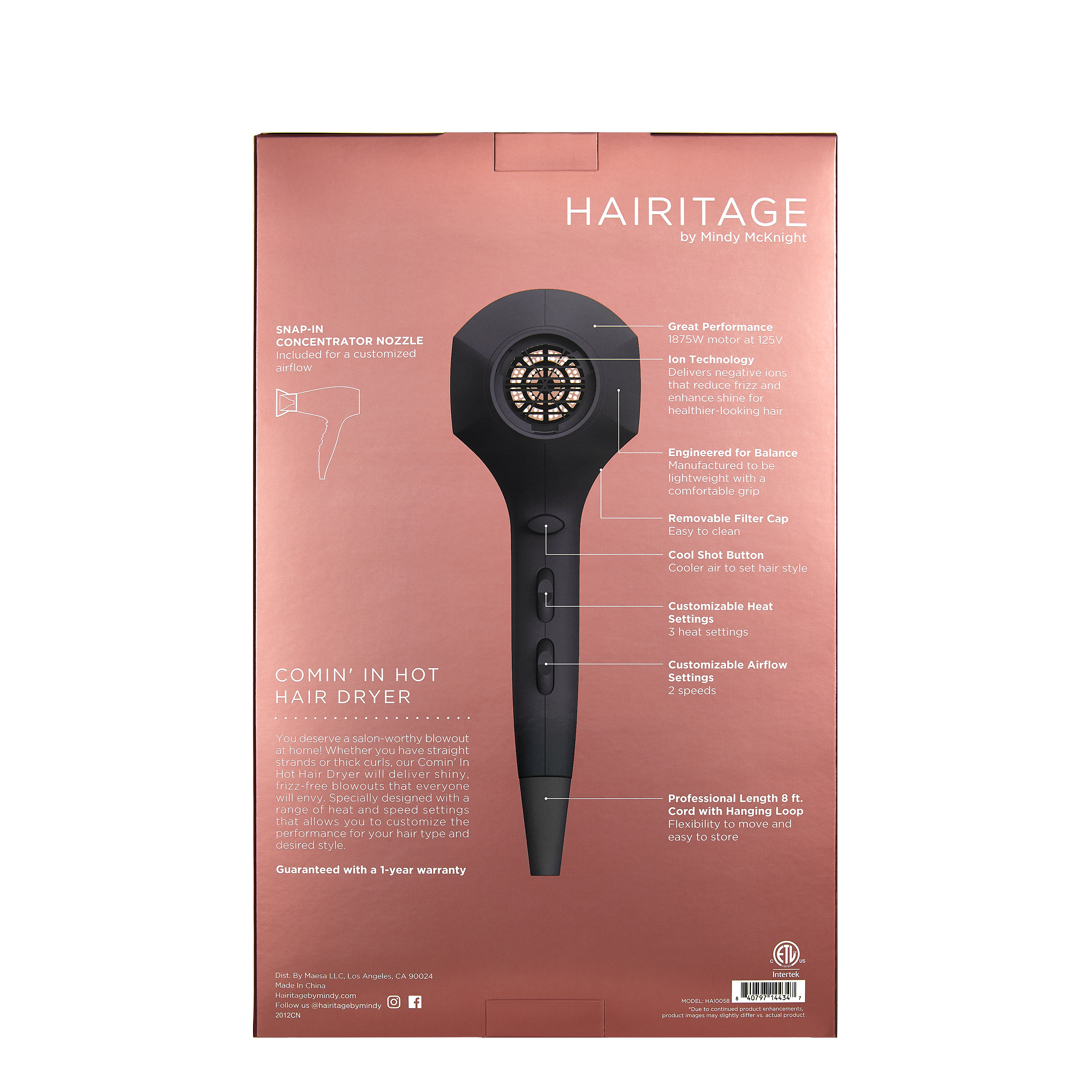 Hairitage Comin' In Hot Hair Dryer |1875 Watts Ionic Hair Dryer for Frizz Control & Shine | Powerful Blow Dryer for All Hair Types - image 4 of 7