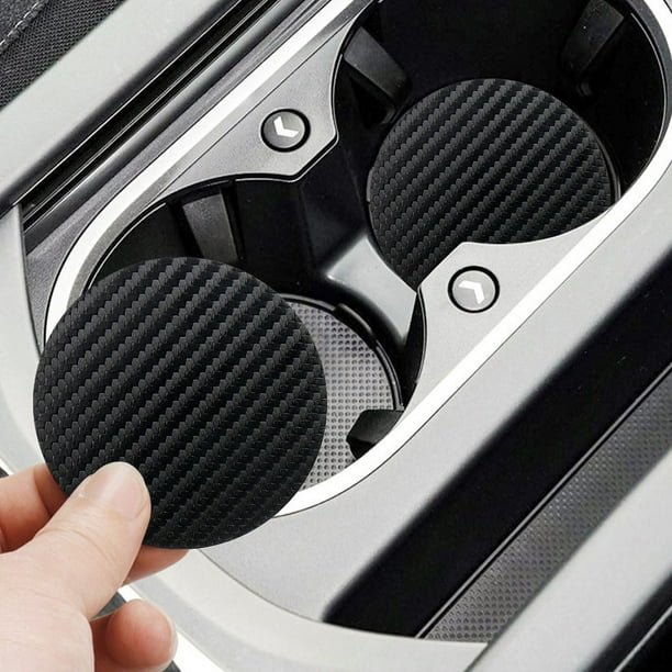 Posavasos de fibra de carbono | Pack de 2 posavasos antideslizantes para coche | Aislantes térmicos y acústicos | Accesorios de PVC para coche de 7 x 7 cm
