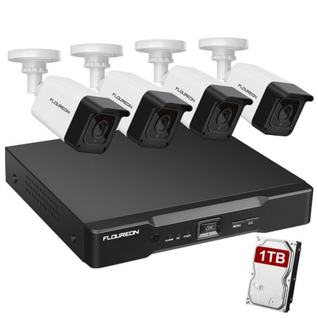 FLOUREON 1080P XPoE Security System with 1TB Hard Drive - 8 Channel Surveillance NVR with 4Pcs IP66 Waterproof Cameras, Human Detection Intelligent Analysis, Night Vision for Home Office