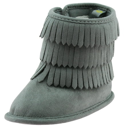 First Steps Fringe Moccasin Baby Girl Boots Winter Micro Suede Booties Grey Cute Newborn Prewalkers Size 2 (3-6 Months)